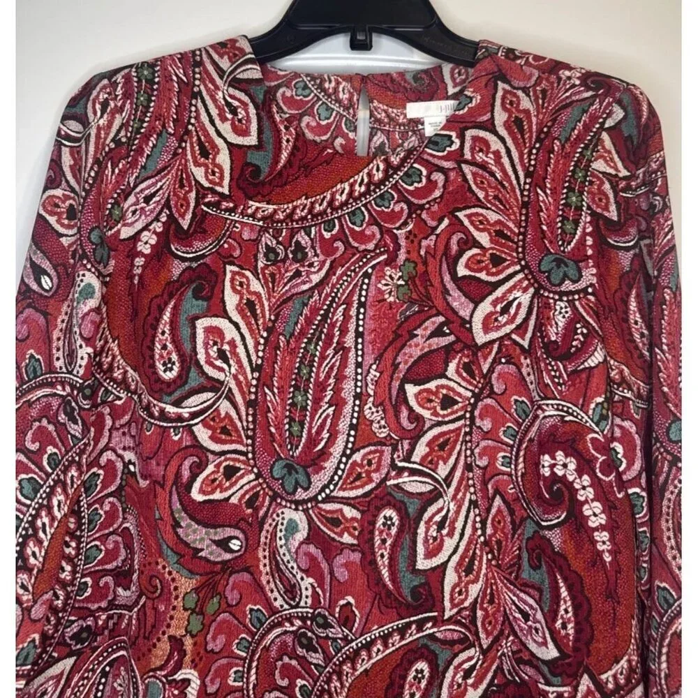 J‎ Jill Women’s Red Paisley Layered Chiffon Long Sleeve Blouse Top Sz XS
